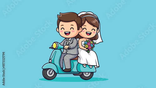 Cute cartoon wedding couple riding a scooter together.