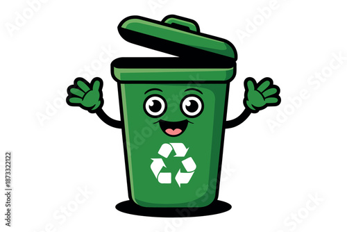 A cheerful cartoon recycling bin with a smiling face and open lid