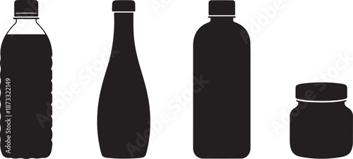 Four black bottles on white background silhouettes containers