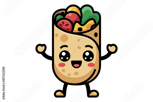 A cartoon burrito character with a happy face and colorful filling