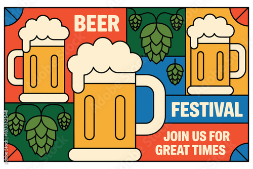 A colorful illustration of beer festival advertisement with mugs and hops