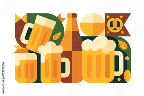 A colorful illustration of beer glasses and bottles on a white background
