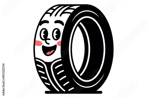 A cartoon tire with a smiling face and rosy cheeks on a white background