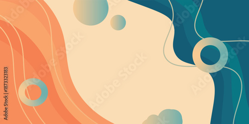 Modern abstract background with flowing orange and blue wavy shapes and circular elements. Ideal for creative projects and designs.