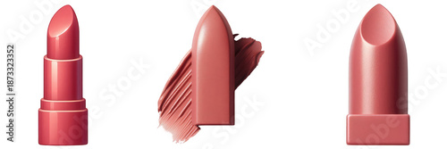 Three lipstick tubes and a smear of lipstick on a black background studio shot
