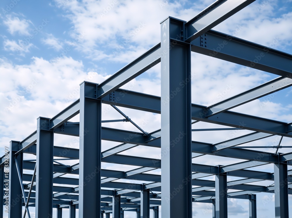 Fototapeta premium Steel framework of a building under construction. Industrial architectural structure with metal beams against a blue sky