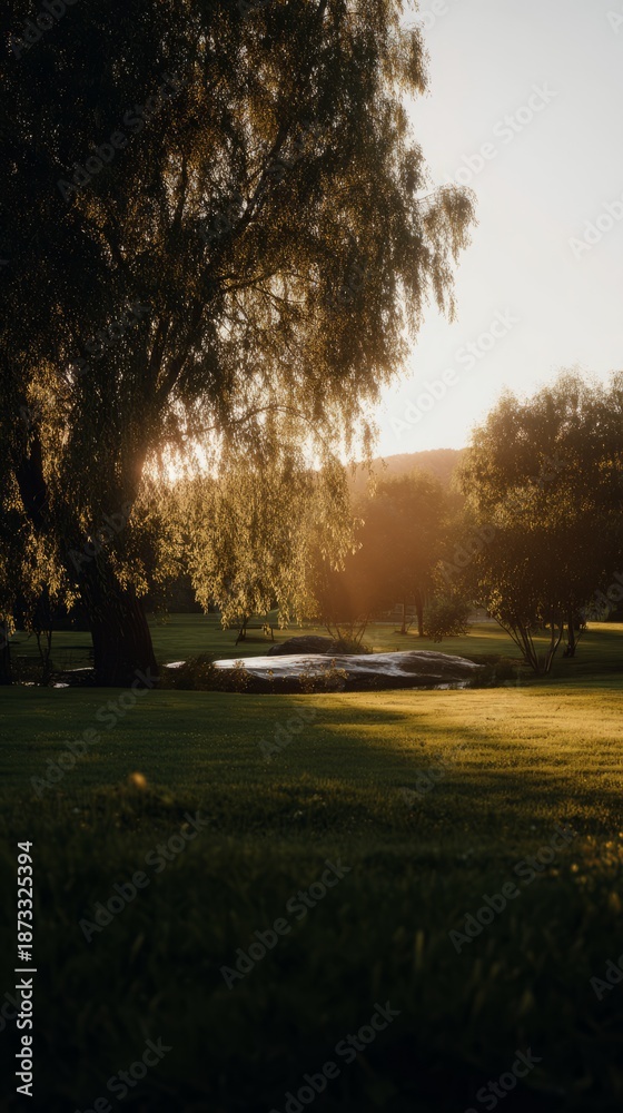 Fototapeta premium leisure. Tranquil park bathed in warm sunset glow, capturing nature's serene beauty. inspiring travel planning, travel magazines, designed for travel destination branding. 