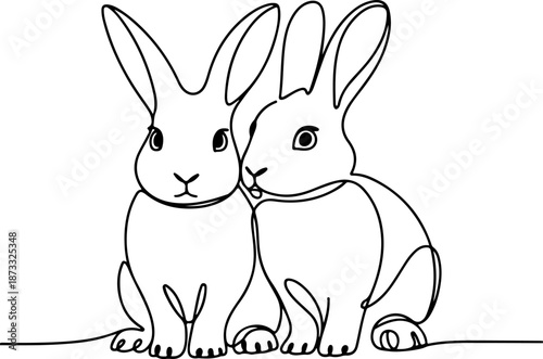 Continuous Line Art of Rabbits Sitting Side by Side – Minimal One Line Animal Illustration, Cute Modern Nature Design