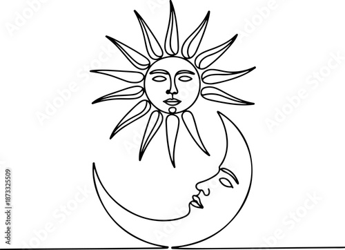 Continuous Line Art of Sun and Moon in Balance – Minimal One Line Celestial Harmony Illustration, Modern Abstract Design