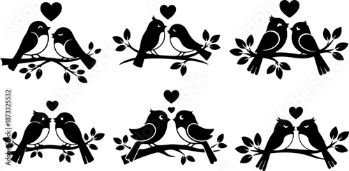 Romantic Love Birds Silhouette Collection on Tree Branch
