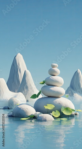 Stacked stones with green leaves in a serene waterscape against a blue sky