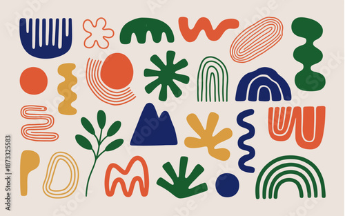 Abstract organic shapes and lines in muted orange green blue and yellow cream background pattern