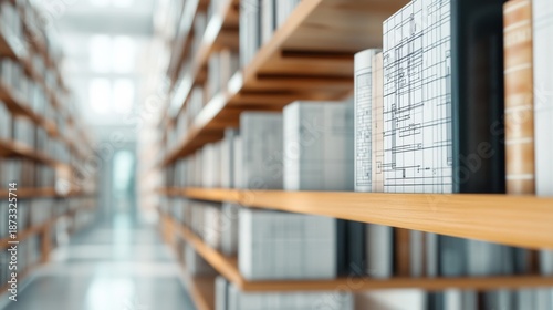 Library Shelves Architectural Drawings on Books, Knowledge , Learning