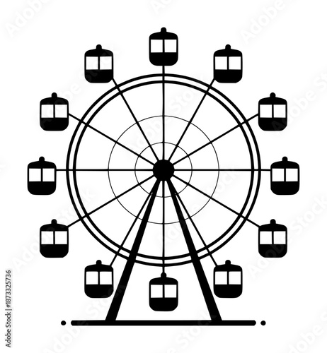 Black silhouette of a Ferris wheel with gondolas against a white background amusement park ride
