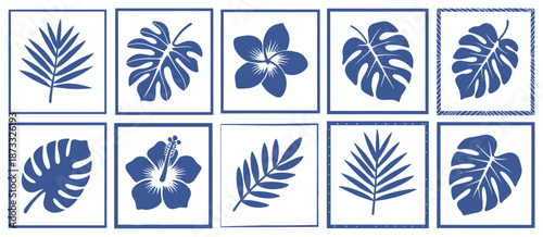 Collection of blue tropical leaves and flowers in square frames white background leaf