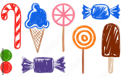 Collection of hand drawn candies and ice cream white background candy lollipop