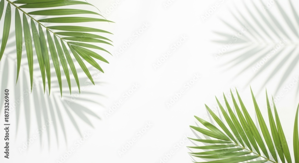 Fototapeta premium Tropical palm leaves casting delicate shadows on a clean white background isolated on white background