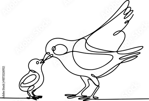 Continuous Line Drawing of a Bird Feeding Its Chick – Minimal One Line Nurturing Nature Illustration, Tender Wildlife Design