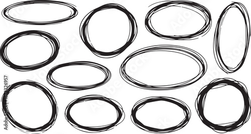 Round highlight doodle frames set. Hand drawn oval and circle pencil line brush marks.eps