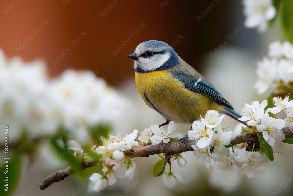 Fototapeta premium Blue tit on blossoming branch amidst springtime blooms