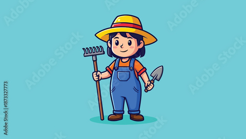 Cute Little Farmer Girl Holding Rake and Shovel Cartoon Vector Icon Illustration People Profession.