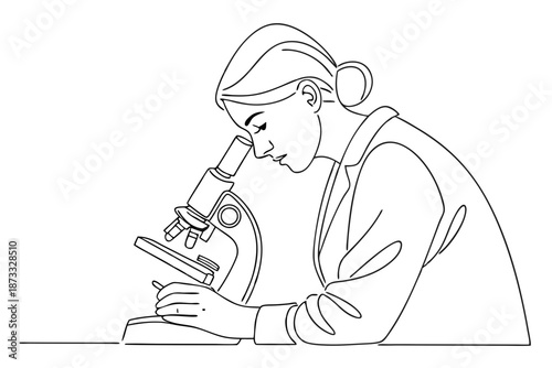 Line drawing woman scientist laboratory microscope illustration