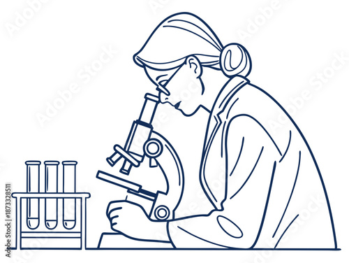 Line drawing female scientist using microscope research line art