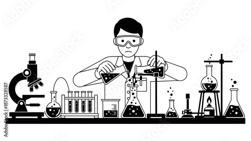 Cartoon illustration of a woman scientist working in a laboratory with a microscope and black vector icon symbols