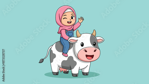 Cute Muslim Girl Riding Cow Cartoon Illustration.