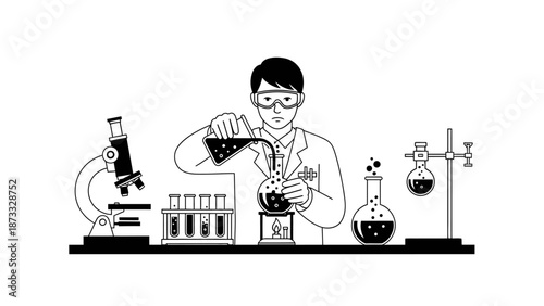 A woman scientist and a young child look into a microscope while working on a chemistry experiment with glass test tubes in a biology laboratory