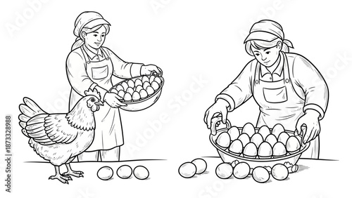 Cartoon rooster and hen with Easter eggs illustration for kids coloring book