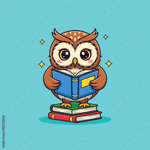 Cute Owl Reading Book on Stack of Books Illustration.