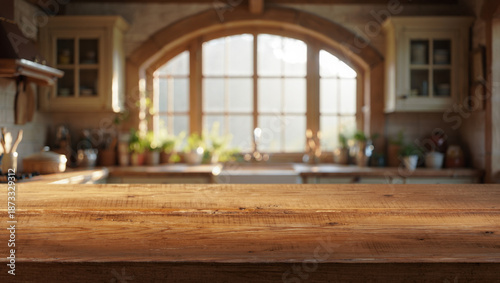 A beautiful kitchen window filled with morning light and a wooden countertop in the foreground