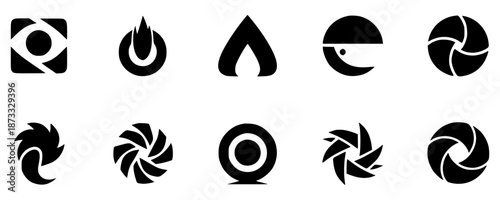A collection of ten black and white abstract icons featuring various designs including camera apertures, flame shapes, a stylized eye, and swirling patterns.