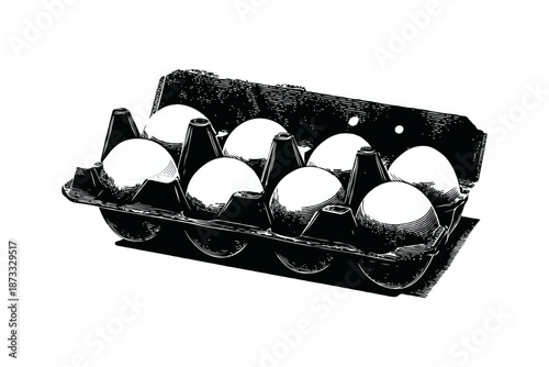 Illustration of a carton holding eggs, drawn in vintage engraving style, set on a white background, representing food and farming concept