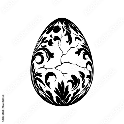 Elegant cracked egg featuring intricate floral ornament in black silhouette style on white background, symbolizing fragility and rebirth