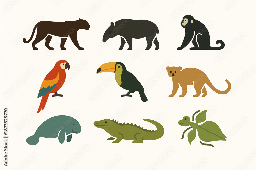 Fototapeta premium Belize Wildlife Icon Set with Jaguars, Monkeys, Birds, and Tropical Animals