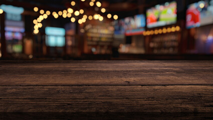 A rustic wooden table is prominently featured in the foreground, sharply in focus, while a blurred background depicts the lively interior of a sports bar