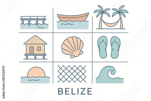 Belize Coastal Life Icon Set with Beach, Boats, and Tropical Lifestyle Symbols