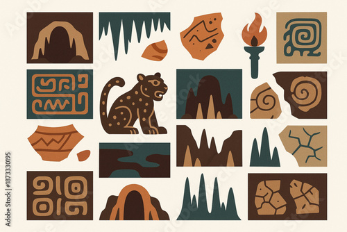 Belize Cave and Maya Mythology Icon Set with Stalactites, Pottery, and Jaguar Symbols