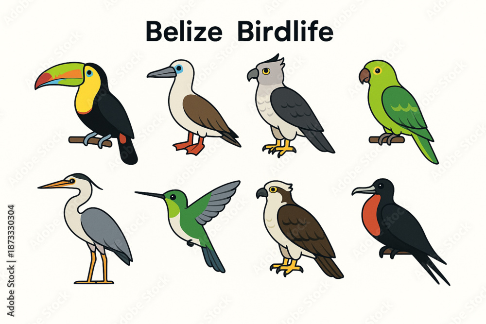Fototapeta premium Belize Birdlife Icon Set with Tropical Birds and Wildlife