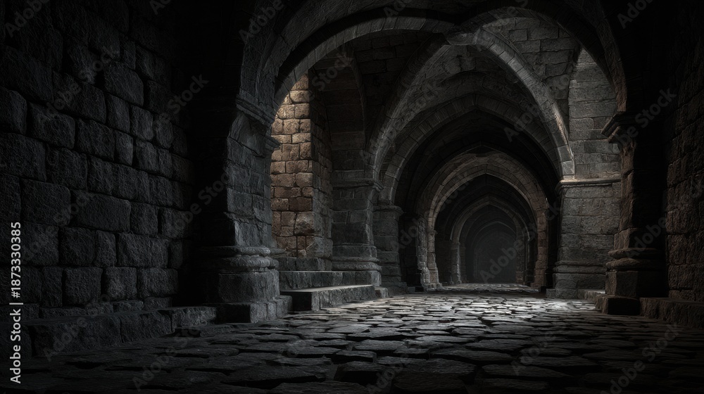 Fototapeta premium Mysterious Corridor With Stone Arches and Shadows Creates an Atmosphere of Intrigue in a Medieval Castle Setting