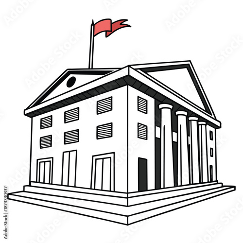 A striking black and white illustration of a classical building with a flag a bold silhouette