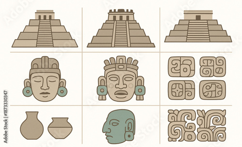 Belize Maya Heritage Icon Set with Pyramids, Temples, and Ancient Symbols