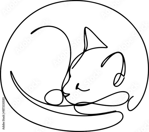 Continuous Line Illustration of a Cat Curled Into a Sleeping Pose – Minimal One Line Cozy Feline Wall Art, Calm Modern Design