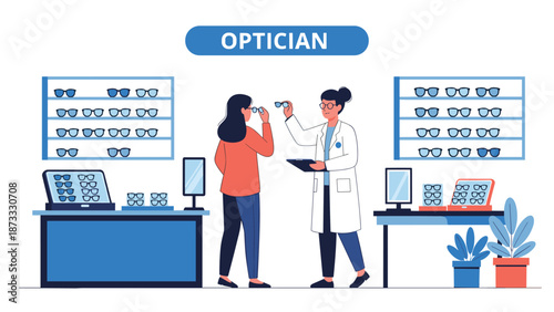Professional optician assists a female customer in selecting new eyeglasses from a wide variety of frames displayed on shelves in a modern eye clinic.