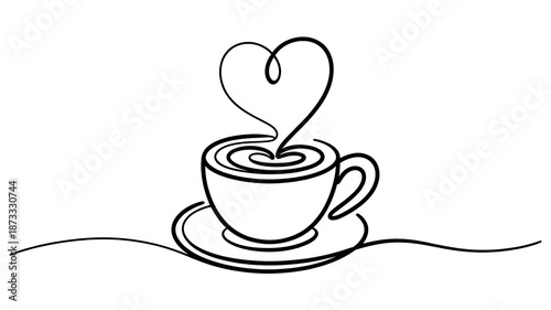 Coffee Cup with Heart Steam - Minimalist Line Art Love Drink
