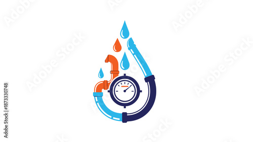 Professional plumbing service icon features interconnected blue and orange pipes forming a droplet shape with a central pressure gauge for business.
