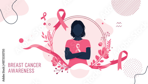 Breast Cancer Awareness month graphic features a woman silhouette surrounded by pink ribbons and delicate flowers to support health and detection.
