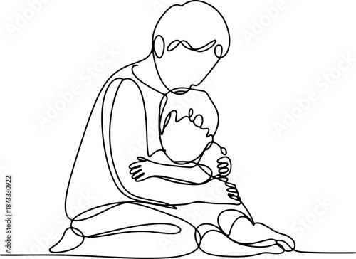 Continuous Line Illustration of a Parent Comforting a Child – Minimal One Line Care and Emotional Support Art, Tender Family Design